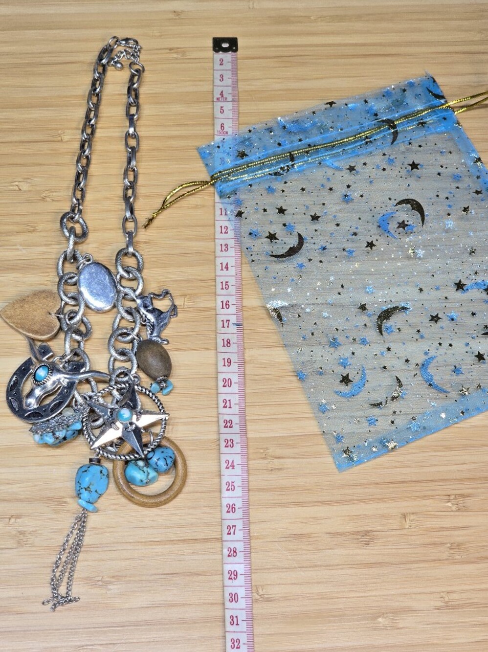 Boho Turquoise Charm Statement Necklace - Gold Tone - Picture 7 of 7